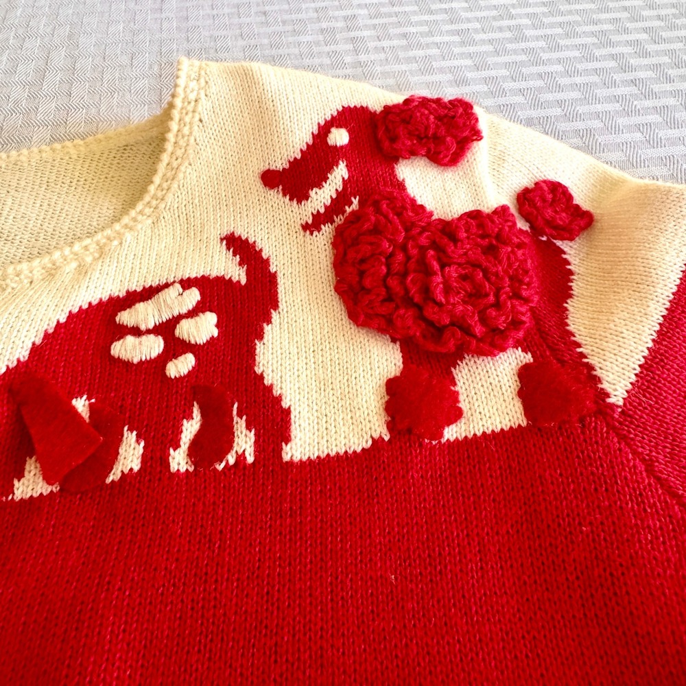 Michael Simon New York Rare Sample Dog Applique Art to Wear Cardigan Red White - Picture 9 of 16